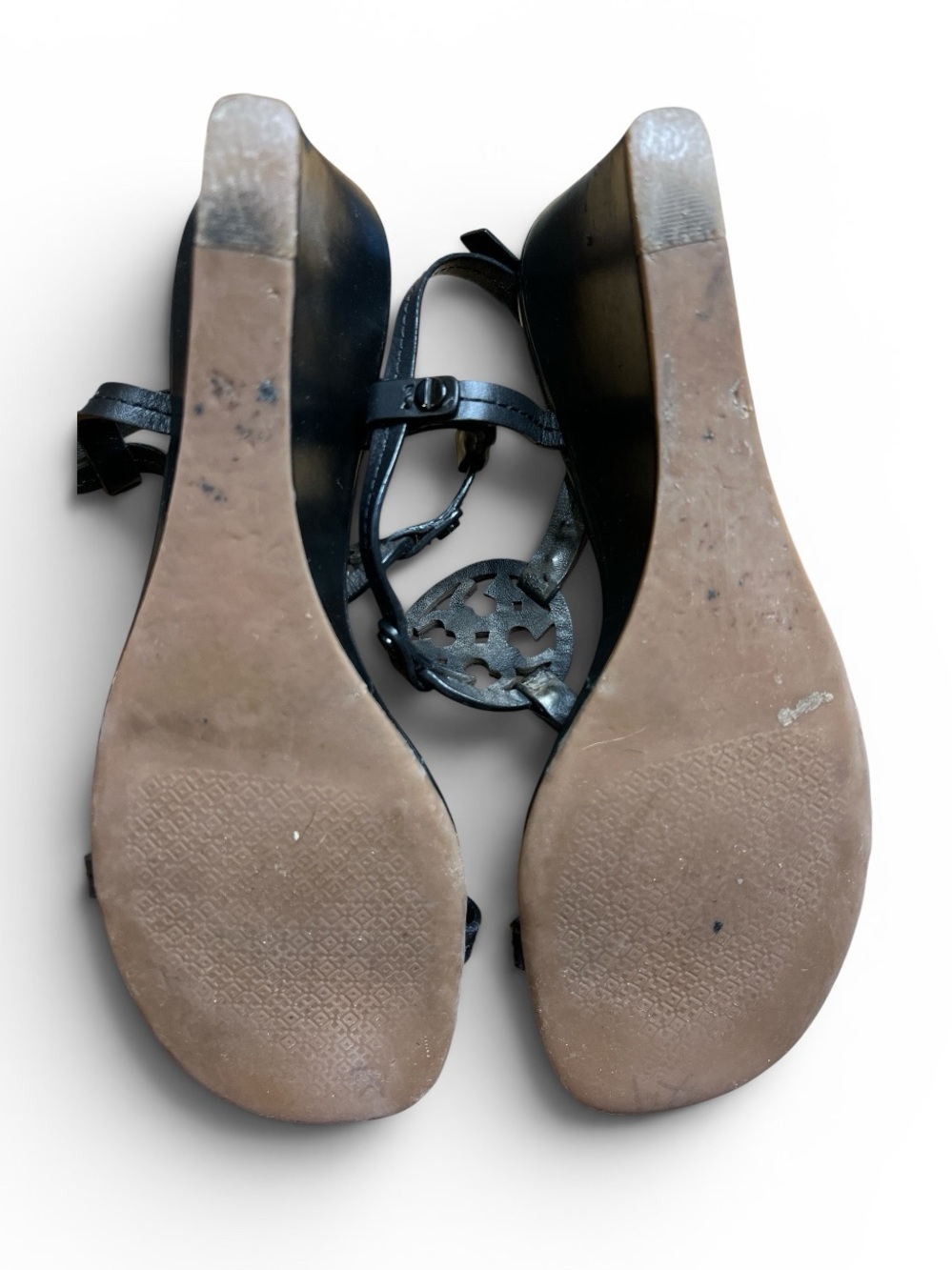 Tory Burch Black Leather Logo T-Strap Wedge Sandals - Picture 6 of 6